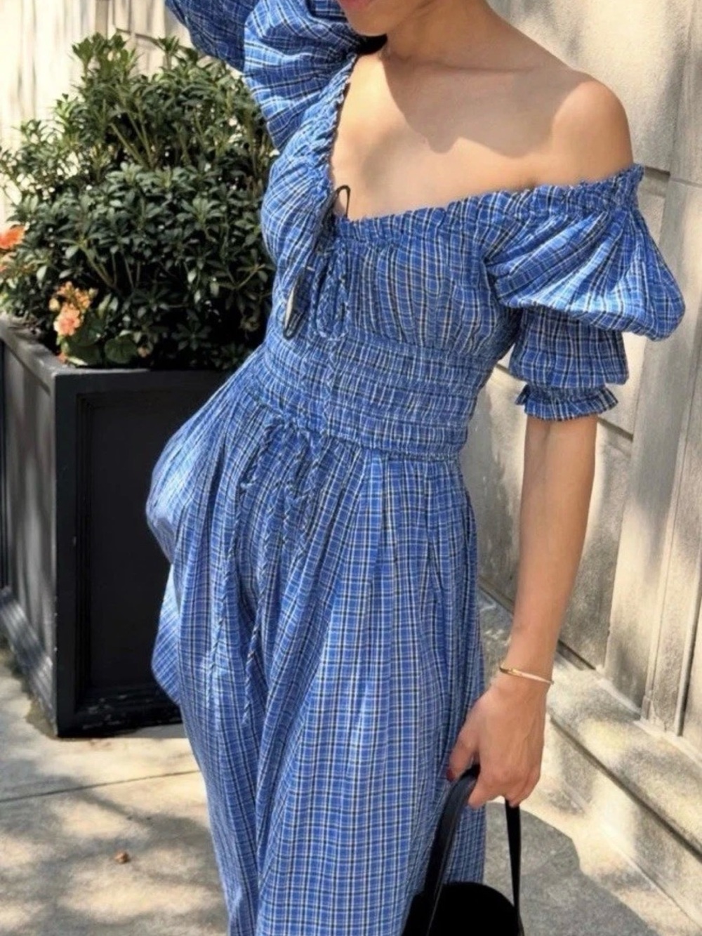 DOEN ischa smocked blue plaid dress